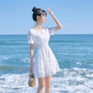俞兆林法式復(fù)古鏤空拼接a字連衣裙2025年夏季新款簡(jiǎn)約修身顯瘦短款裙子 白色  M