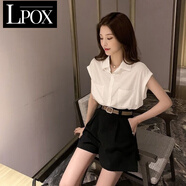 LPOX套裝夏季女裝2025年新款休閑短褲女氣質(zhì)顯瘦坎肩襯衫百搭兩件套 白色上衣+黑色褲子 2XL _[建議125-135斤]