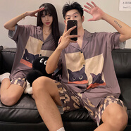 俊俊穗迪美情侶睡衣女士夏季短袖睡裙冰絲薄款卡通男士加肥加大碼家居服套裝 冰絲-WB-908 XL 女(高170內-重110-130斤)