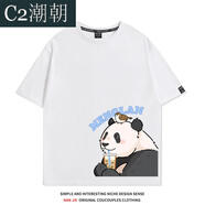 C2潮朝（C2CHAOCHAO）2熊貓萌蘭喝奶茶短袖T恤男女純棉寬松國潮可愛(ài)萌系百搭情侶 白色左下角萌蘭喝奶茶 S