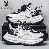 花花公子（PLAYBOY PHYSICAL）男鞋2025新款夏季透氣網(wǎng)面百搭運動鞋休閑輪胎底增高港風(fēng)老爹潮鞋 白黑 39