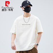 皮爾卡丹液氨棉短袖t恤男夏季2025新款薄款潮流寬松百搭純色半袖大碼體恤 米白 4XL 190-215斤