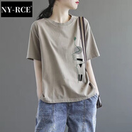 NY-RCE短袖T恤女寬松2025新款夏季大碼時尚半袖印花韓版休閑打底上衣潮 卡其色 2XL 135-145斤