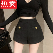 蕉京復(fù)古小香風(fēng)粗花毛呢短褲女2024秋冬新款法式氣質(zhì)修身顯瘦百搭褲子 黑色 M