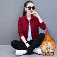 QLHF阿迪三葉草加絨女套裝秋冬潮流寬松二三件套 酒紅色【加絨三件套】阿迪 M