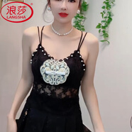 浪莎（LangSha）帶胸墊吊帶背心女士秋冬中國風(fēng)性感蕾絲美背薄款吸汗透氣外穿上衣 國風(fēng)釘珠刺繡美背(黑) XL (180) 建議體重范圍130-145斤