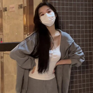 FHHUABD2024秋冬女連帽衛衣背心外套一整套女新款甜美高腰抽繩短裙三件套 花灰色衛衣+短裙+蕾絲背心 ( L  建議115-130斤