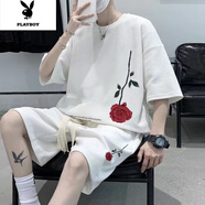 花花公子夏季華夫格套裝男潮牌胖子大碼短袖短褲兩件套時(shí)尚休閑運(yùn)動(dòng)服一套 白色【華夫格套裝】高品質(zhì) L 建議【100-120斤】