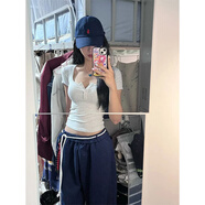 美式紐扣方領(lǐng)正肩短袖t恤女夏季新款修身設計感大領(lǐng)口短款上衣服 灰色 S