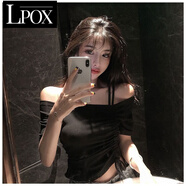 LPOX短款綁帶抽繩t恤女緊身短袖露肩性感打底衫網(wǎng)紅設(shè)計(jì)感一字肩上衣T 黑色[收藏優(yōu)先發(fā)貨](méi) L 105-115斤