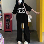 Baldauren大童女裝夏季套裝新款12-15歲初中高中學(xué)生17少女寬松短袖t恤休閑 星星#黑色短袖+黑抽繩褲 【套裝】 薄款 150 (S) 【65-85】斤