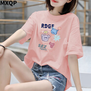 MXQP純棉短袖T恤女2025夏季寬松卡通慵懶風(fēng)顯瘦印花打底衫上衣服女裝 粉色【SEZ怪獸-前大花】 L 【110-130斤】