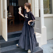 皮爾卡丹（pierre cardin）黑色印花t恤拼接連衣裙女2025夏高級(jí)感氣質(zhì)減齡超長款到腳踝長裙 黑色 XL （140-160斤）