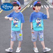 迪士尼（Disney）兒童裝男童夏裝套裝2025年新款夏季帥氣短袖中大童薄款運動(dòng)衣服潮 藍色 120 (升級款)cm