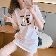 曼蓄短袖t恤女2025夏季新款韓版寬松百搭顯瘦遮肉中長(zhǎng)款圓領(lǐng)印花半袖 白色【HAPPY小兔】 2XL