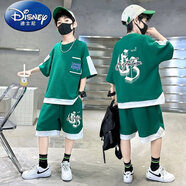 迪士尼（Disney）2025中大童華夫格套裝洋氣薄款運(yùn)動(dòng)套裝夏季韓版短袖短褲帥氣夏裝 綠色華夫格GB套裝 120 適合身高105-114cm