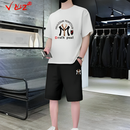 VLZ輕奢品牌短袖T恤男春夏短褲運(yùn)動(dòng)褲男士新款寬松跑步運(yùn)動(dòng)套裝男裝 白色短常規(guī) 2XL（建議170-185斤）