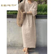 SE.PSTP夏季薄款V領(lǐng)亞麻連衣裙女日系簡(jiǎn)約復(fù)古寬松慵懶風(fēng)短袖棉麻長(zhǎng)袍子 杏色 (少量現(xiàn)貨) L 【建議110-120斤】