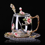 Luxury Flowers琺瑯彩水晶玻璃杯新款女士高顏值家用花茶杯子高檔辦公室精致水杯 矮杯+勺+蓋+盤-簡(jiǎn)裝