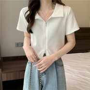 榮西圖（RONGXITU）碩依美戀Polo領(lǐng)短袖T恤女夏季雙拉鏈粉露臍款 白色 M