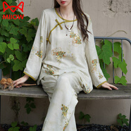 貓人（MiiOW）新中式設(shè)計(jì)改良國(guó)風(fēng)盤扣漢服宮廷風(fēng)長(zhǎng)袖睡衣女士春夏季家居服套裝 上衣+褲子 3XL 適合150-170斤