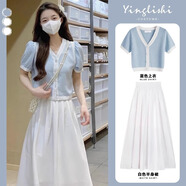 純邇女裝連衣裙套裝2025夏季茶系穿搭A字裙女不規(guī)則雪紡高腰中長裙子 上衣+裙子 M