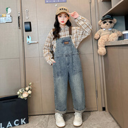 邁兜熊女童背帶褲套裝春秋裝新款兒童裝時(shí)髦牛仔褲子洋氣中大童兩件套潮 藍色單背帶褲 150