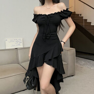S.SOFEA黑色荷葉邊不規(guī)則連衣裙女收腰一字肩裙子2025春夏新款 黑色 2XL