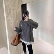 COLORFUL GEMS韓版花邊拼接衛(wèi)衣套頭毛衣女2025冬季新款寬松百搭圓領(lǐng)毛衣上衣 灰色 均碼
