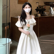 素織錦吊帶連衣裙女純欲白色裙子春夏季法式海邊沙灘裙荷葉邊長(zhǎng)裙仙女裙 荷葉邊露肩吊帶仙女裙【白色】 L 【建議110-130斤】