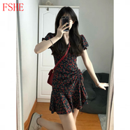FSHE黑色碎花連衣裙女秋短袖v領(lǐng)抽繩小個(gè)子減齡氣質(zhì)顯高收腰泡泡袖裙 黑色【法式赫本風(fēng)驚艷感/夏季茶 S