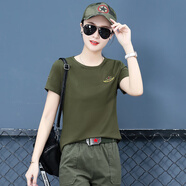 海赫迪迷彩服上衣軍旅風(fēng)T恤女圓領(lǐng)短袖修身顯瘦薄款繡花彈力棉潮流大碼 軍綠上衣 3XL 125-135斤
