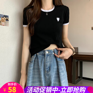 歐貝汐愛心刺繡圓領(lǐng)正肩修身短袖T恤女 黑色 S