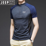 JEEP SPIRIT吉普半拉鏈立領(lǐng)短袖t恤男夏季運動(dòng)透氣半袖衫跑步速干健身衣 黑灰 L