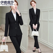 伊雅露莎職業(yè)西裝女春秋小西服套裝高端正裝商務(wù)免燙馬甲通勤商務(wù)工衣2918 黑色西裝+白襯衫+褲 M