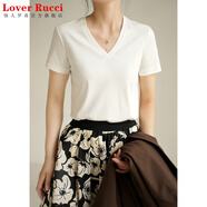 LOVER RUCCI50支匹馬棉雙面絲光 液氨棉T恤女士短袖基礎(chǔ)V領(lǐng)山東網(wǎng)店夏款女裝 米白 XL 適合115-125斤左右