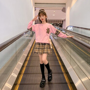 Baldauren女童春秋裝套裝jk裙3-14歲女孩加絨加厚新款中大童衛(wèi)衣百褶裙韓版 粉色衛(wèi)衣裙子套裝+小熊 春秋薄款 130 建議身高120左右 （40-50斤）