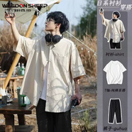 威登羊（WEEDON SHEEP）夏季日系風(fēng)格穿搭工裝短袖t恤男生衣服搭配帥氣上衣套裝衣服男裝 杏色外套+白短T+西褲【三件套 XL