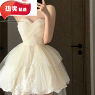 靠森（Kaooseen）夏季法式公主蓬蓬裙感短裙裙子生日小禮服蕾絲抹胸連衣裙 米白色抹胸裙 M