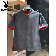 花花公子（PLAYBOY）2025春夏季新款歐貨潮牌破洞裂紋設(shè)計(jì)短袖時尚百搭男圓領(lǐng)體恤上衣 黑灰色 M 90-110斤