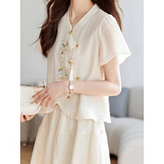 巧除2025夏季國風(fēng)文藝刺繡繡花民族風(fēng)雪紡短袖寬松襯衫半身裙兩件 圖片色兩件套 S