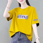 蘇檸檸純棉短袖女裝2025夏季寬松t恤女韓版半袖開叉體恤衫上衣打底衫 黃色（AT英文） L 建議105-120斤