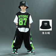 NUBEXI兒童街舞潮服套裝男童嘻哈演出服裝三件套馬甲T恤+長褲跳舞練功服 三件套+漁夫帽 140 cm