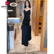 皮爾卡丹（pierre cardin）春秋小香風(fēng)氣質(zhì)v領(lǐng)連衣裙女2025新款高級感緞面禮服吊帶長(cháng)裙 黑色連衣裙 L