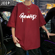 JEEP SPIRIT吉普t恤男美式休閑短袖夏季2025新款潮牌寬松純棉體恤衫潮牌男裝 酒紅色 2XL