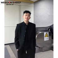 威登羊中山裝男休閑西裝上衣春秋季新中式職業(yè)正裝外套夾克立領(lǐng)西服套裝 黑色外套【單件 2XL