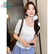 Halo Queen針織短袖T恤女夏季新款方領(lǐng)透氣時(shí)尚顯瘦上衣H52T062