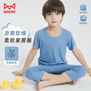 貓人（MiiOW）兒童睡衣空調(diào)服男童寶寶短袖長(zhǎng)褲夏季輕薄款童裝家居服套裝 藍(lán)130