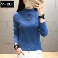 NY-RCE半高領(lǐng)加絨毛衣打底衫女新款秋冬女士加厚保暖修身內(nèi)搭針織衫 不加絨海霧藍(lán)色(純色袖) S