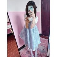 黛瓊日系甜美可愛(ài)軟妹短袖連衣裙復古小清新格紋氛圍感小個(gè)子學(xué)生短裙 藍色[假兩件]高質(zhì)量 S